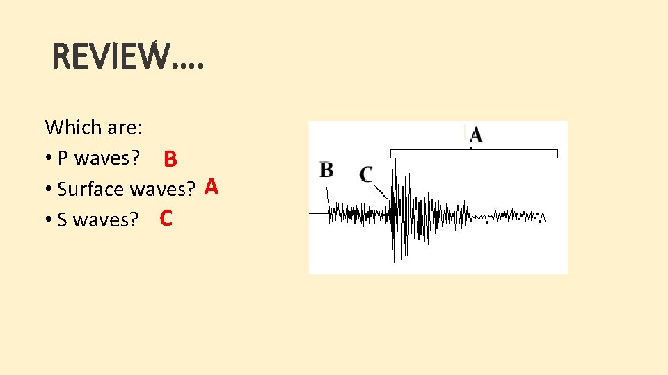 REVIEW…. Which are: • P waves? B • Surface waves? A • S waves? REVIEW…. Which are: • P waves? B • Surface waves? A • S waves?