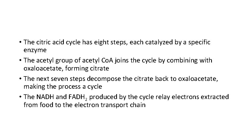  • The citric acid cycle has eight steps, each catalyzed by a specific