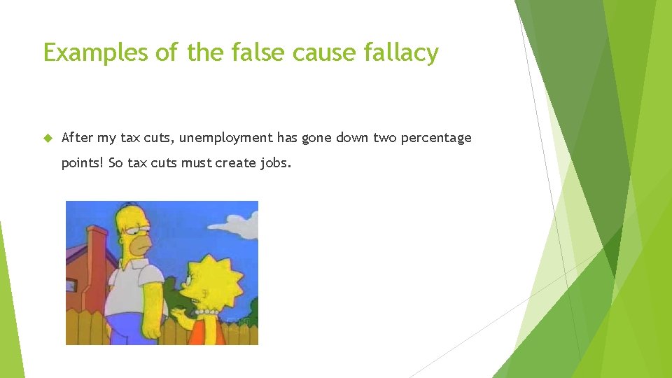 Examples of the false cause fallacy After my tax cuts, unemployment has gone down