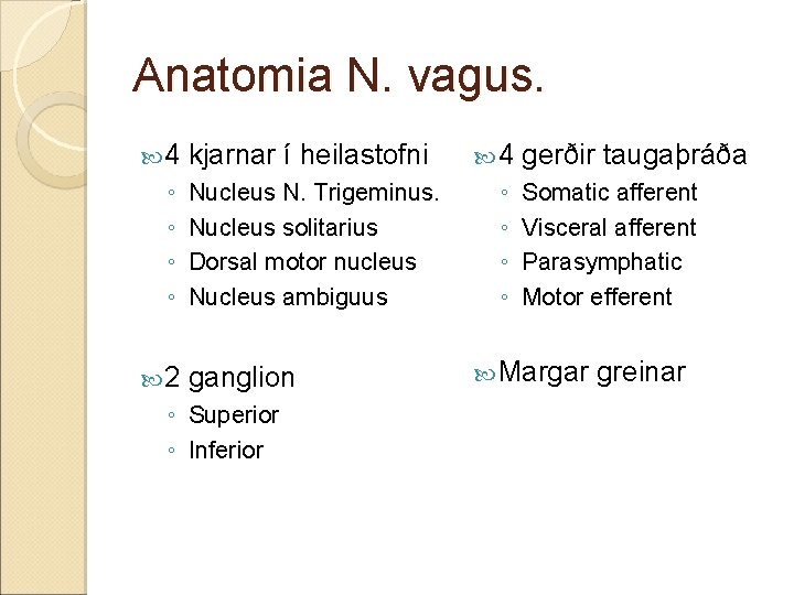 Anatomia N. vagus. 4 ◦ ◦ 2 kjarnar í heilastofni Nucleus N. Trigeminus. Nucleus Anatomia N. vagus. 4 ◦ ◦ 2 kjarnar í heilastofni Nucleus N. Trigeminus. Nucleus