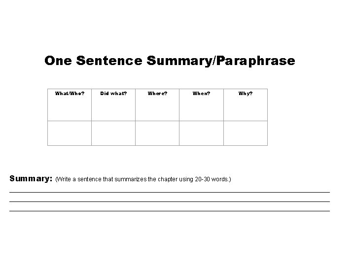 One Sentence Summary/Paraphrase What/Who? Did what? Where? When? Why? Summary: (Write a sentence that