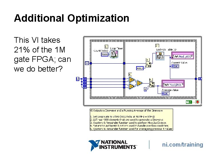 Additional Optimization This VI takes 21% of the 1 M gate FPGA; can we Additional Optimization This VI takes 21% of the 1 M gate FPGA; can we