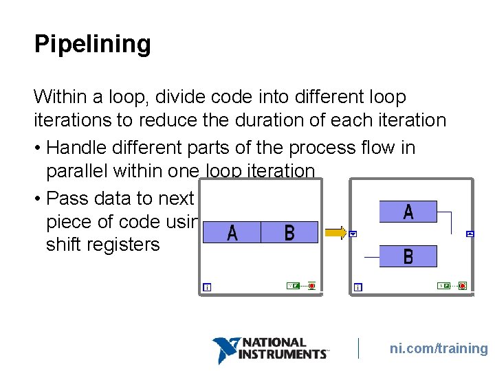 Pipelining Within a loop, divide code into different loop iterations to reduce the duration Pipelining Within a loop, divide code into different loop iterations to reduce the duration