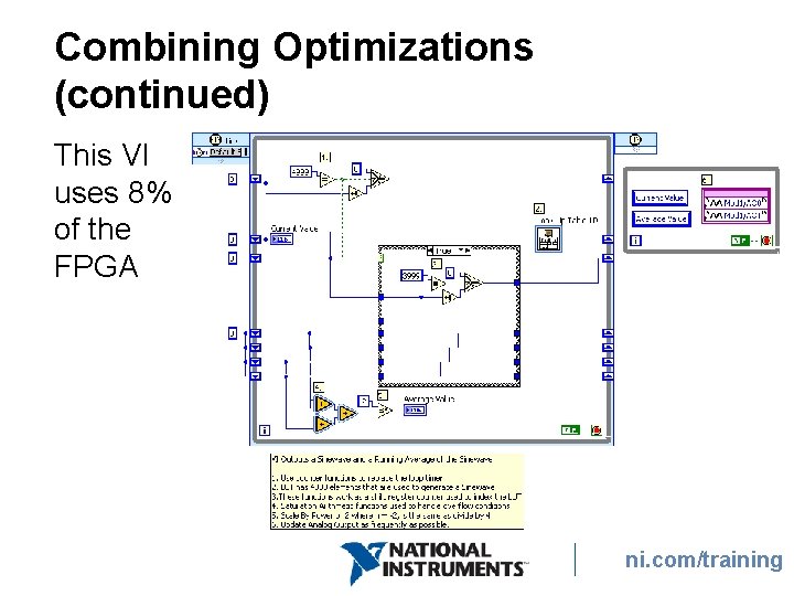 Combining Optimizations (continued) This VI uses 8% of the FPGA ni. com/training Combining Optimizations (continued) This VI uses 8% of the FPGA ni. com/training
