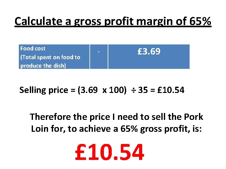 Calculate a gross profit margin of 65% Food cost (Total spent on food to