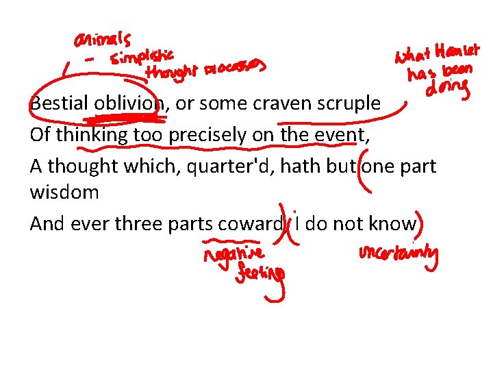 Bestial oblivion, or some craven scruple Of thinking too precisely on the event, A