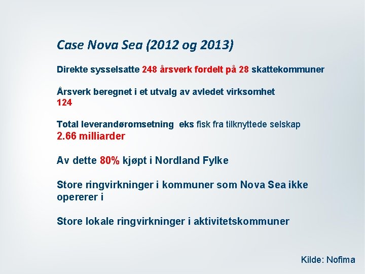 Case Nova Sea (2012 og 2013) Direkte sysselsatte 248 årsverk fordelt på 28 skattekommuner