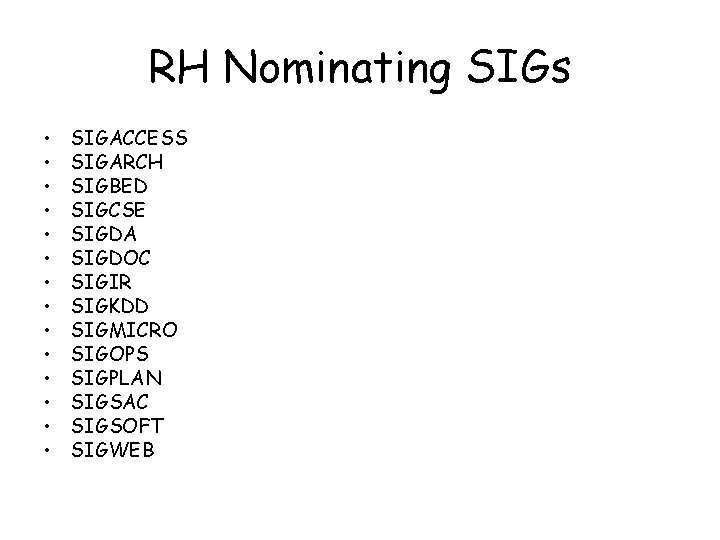 RH Nominating SIGs • • • • SIGACCESS SIGARCH SIGBED SIGCSE SIGDA SIGDOC SIGIR