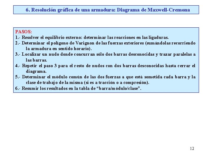 6. Resolución gráfica de una armadura: Diagrama de Maxwell-Cremona PASOS: 1. - Resolver el