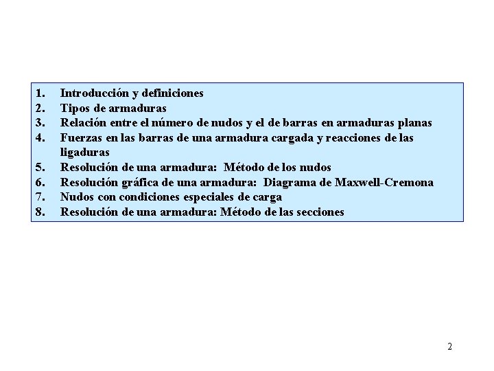 1. 2. 3. 4. 5. 6. 7. 8. Introducción y definiciones Tipos de armaduras