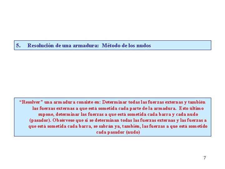 5. Resolución de una armadura: Método de los nudos “Resolver” una armadura consiste en: