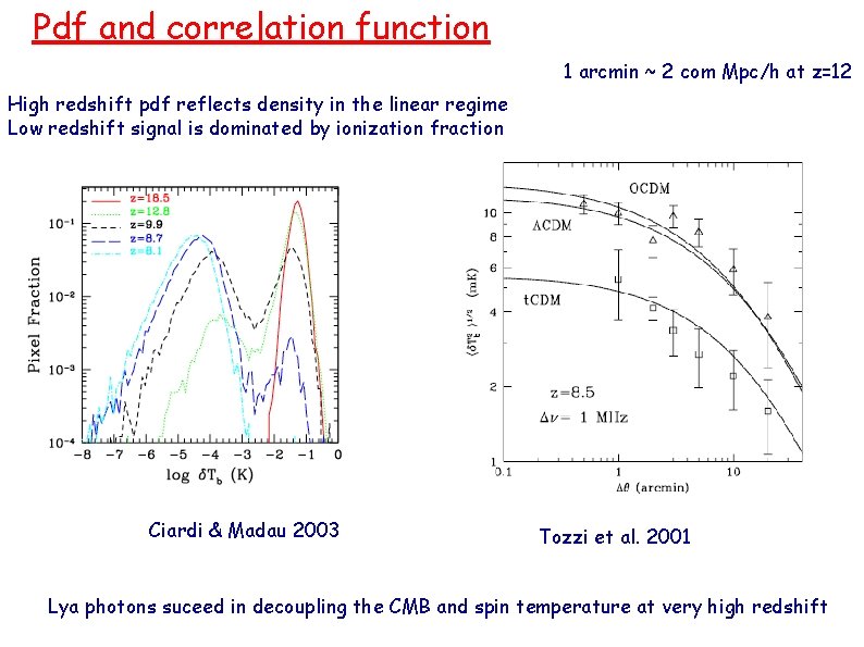 Pdf and correlation function 1 arcmin ~ 2 com Mpc/h at z=12 High redshift