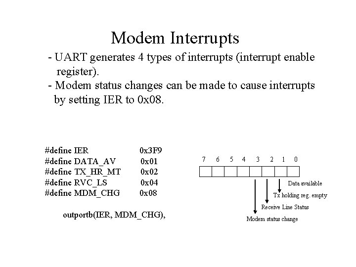 Modem Interrupts - UART generates 4 types of interrupts (interrupt enable register). - Modem Modem Interrupts - UART generates 4 types of interrupts (interrupt enable register). - Modem