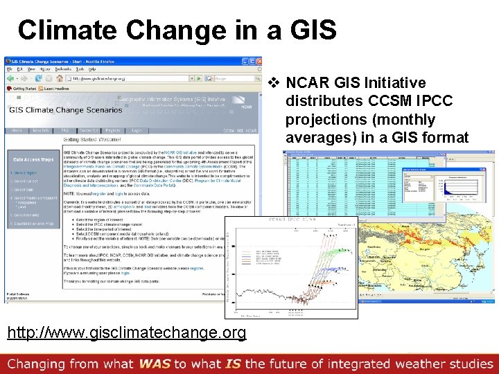 Climate Change in a GIS v NCAR GIS Initiative distributes CCSM IPCC projections (monthly