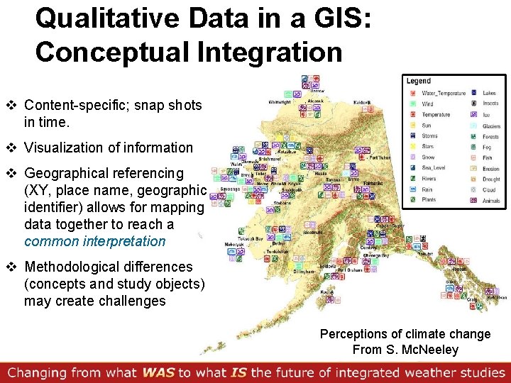 Qualitative Data in a GIS: Conceptual Integration v Content-specific; snap shots in time. v