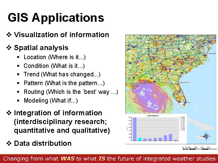 GIS Applications v Visualization of information v Spatial analysis § § § Location (Where