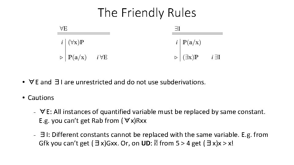 The Friendly Rules • ∀E and ∃I are unrestricted and do not use subderivations.