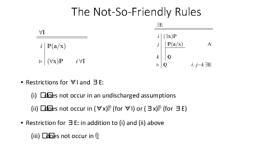 The Not-So-Friendly Rules • Restrictions for ∀I and ∃E: (i) �� does not occur