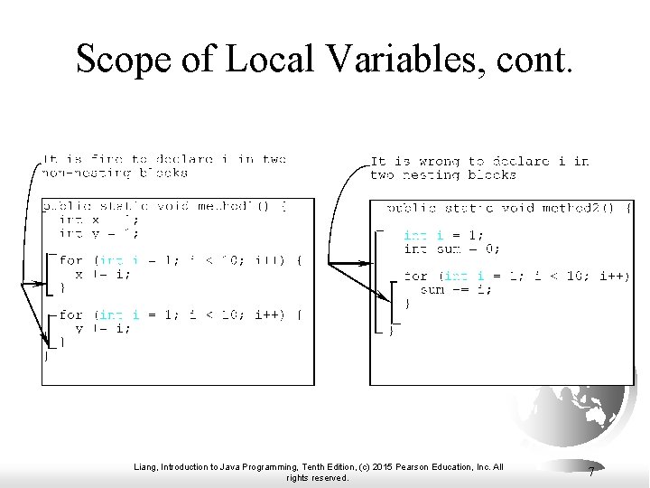 Scope of Local Variables, cont. Liang, Introduction to Java Programming, Tenth Edition, (c) 2015 Scope of Local Variables, cont. Liang, Introduction to Java Programming, Tenth Edition, (c) 2015