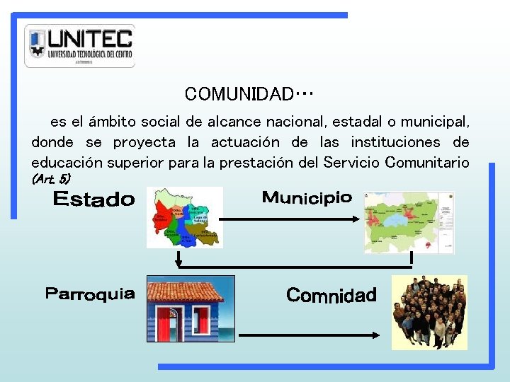 COMUNIDAD… es el ámbito social de alcance nacional, estadal o municipal, donde se proyecta