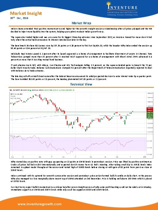 Market Insight 20 th Dec, 2018 Market Wrap Indian shares extended their positive momentum