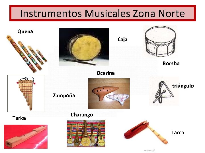 Instrumentos Musicales Zona Norte Quena Caja Bombo Ocarina triángulo Zampoña Tarka Charango Matarca 