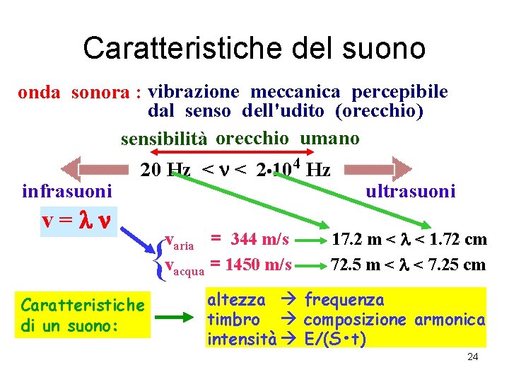 Caratteristiche del suono onda sonora : vibrazione meccanica percepibile dal senso dell'udito (orecchio) sensibilità