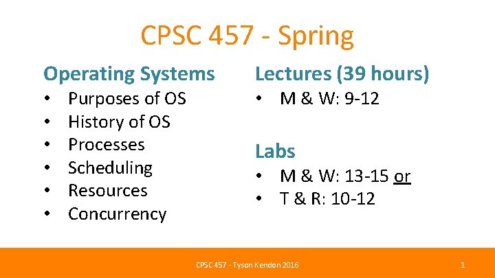 CPSC 457 - Spring Operating Systems Lectures (39 hours) • • • Labs Purposes