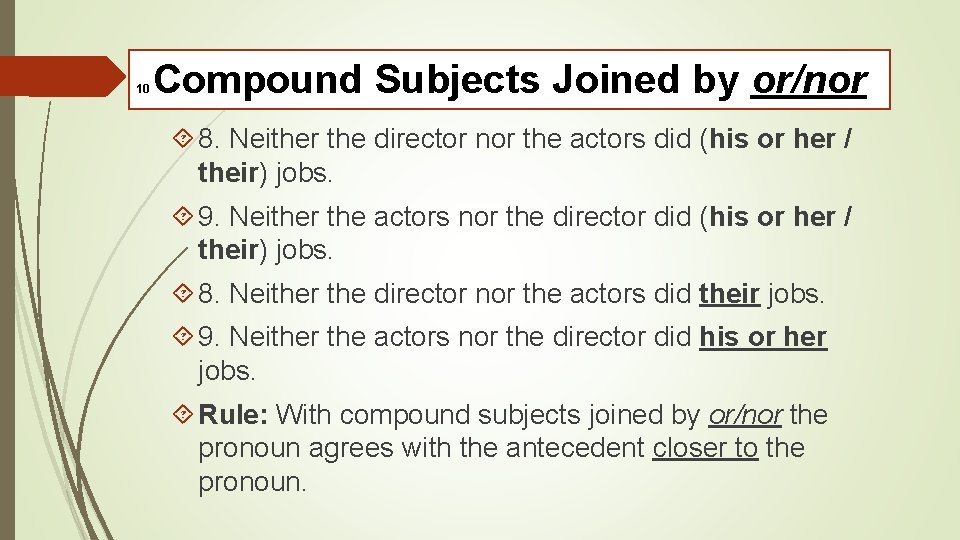 10 Compound Subjects Joined by or/nor 8. Neither the director nor the actors did