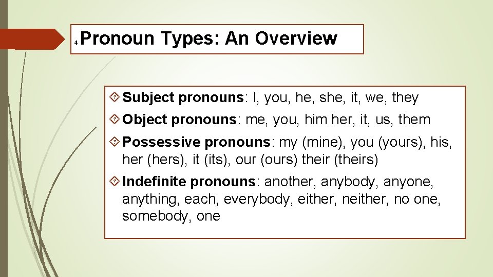 4 Pronoun Types: An Overview Subject pronouns: I, you, he, she, it, we, they