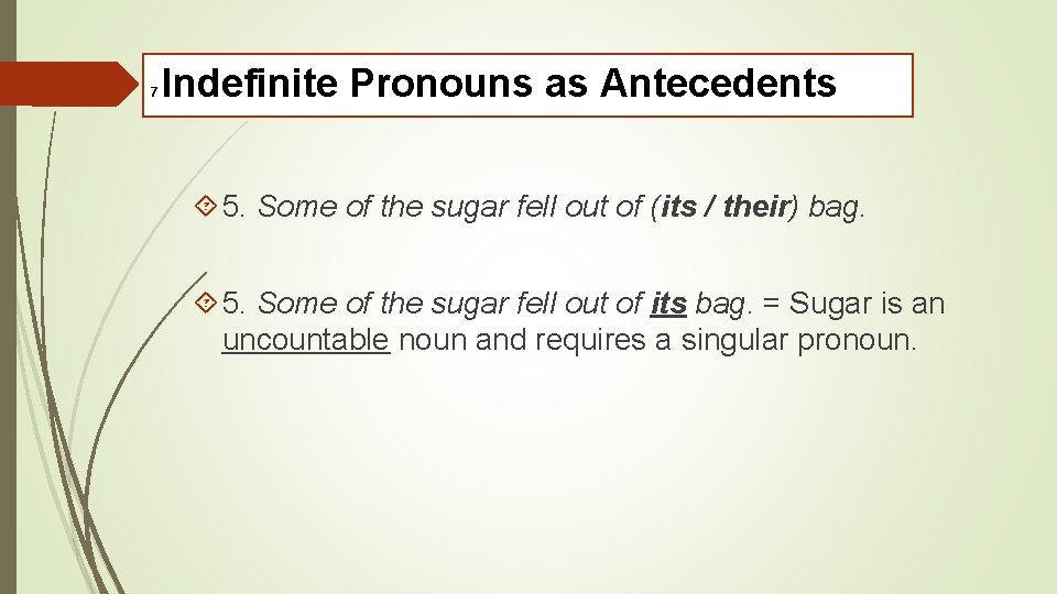 7 Indefinite Pronouns as Antecedents 5. Some of the sugar fell out of (its