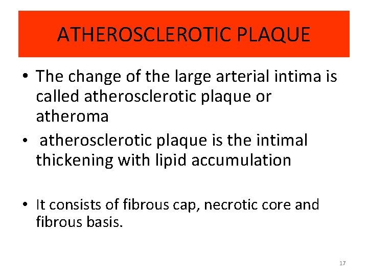 ATHEROSCLEROTIC PLAQUE • The change of the large arterial intima is called atherosclerotic plaque