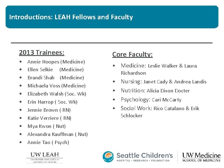 Introductions: LEAH Fellows and Faculty 2013 Trainees: • • • Annie Hoopes (Medicine) Ellen