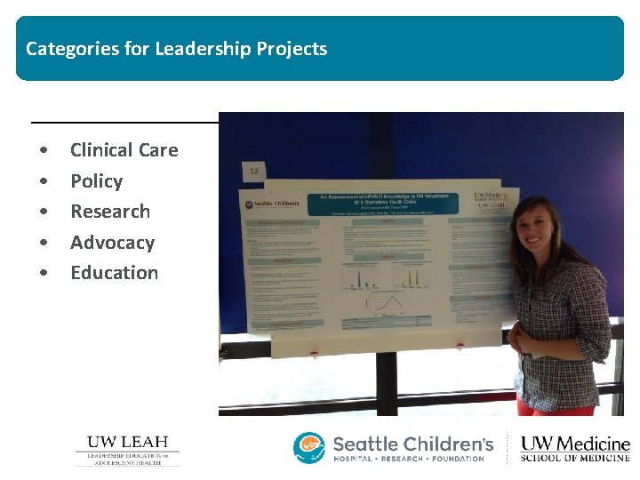 Categories for Leadership Projects • • • Clinical Care Policy Research Advocacy Education 