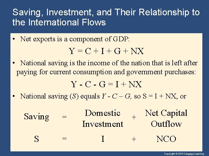 Saving, Investment, and Their Relationship to the International Flows • Net exports is a