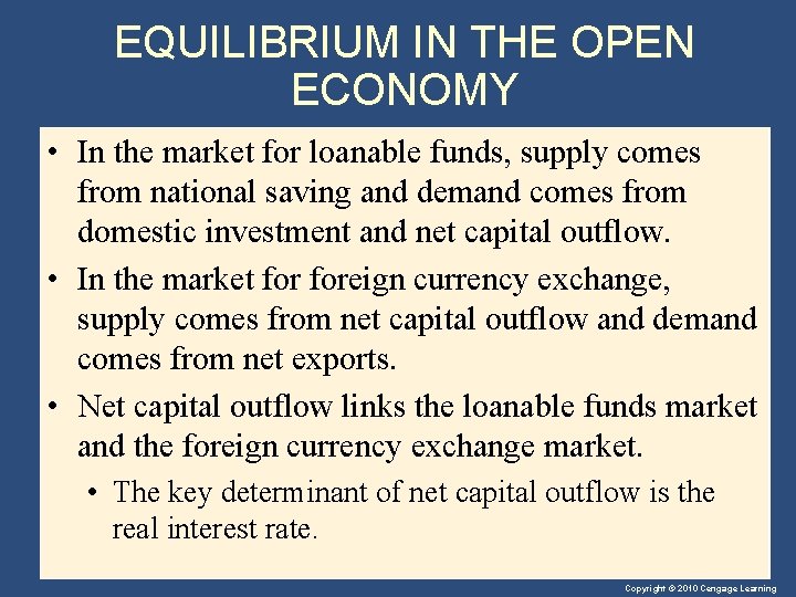 EQUILIBRIUM IN THE OPEN ECONOMY • In the market for loanable funds, supply comes