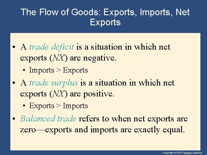 The Flow of Goods: Exports, Imports, Net Exports • A trade deficit is a