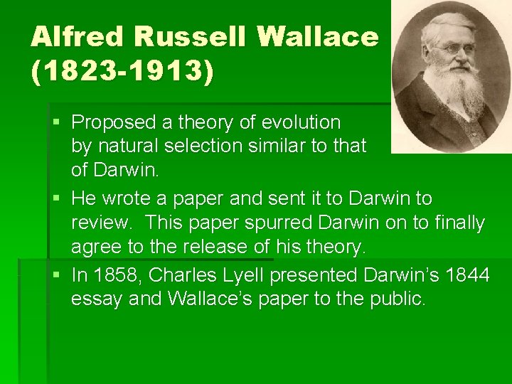 Alfred Russell Wallace (1823 -1913) § Proposed a theory of evolution by natural selection