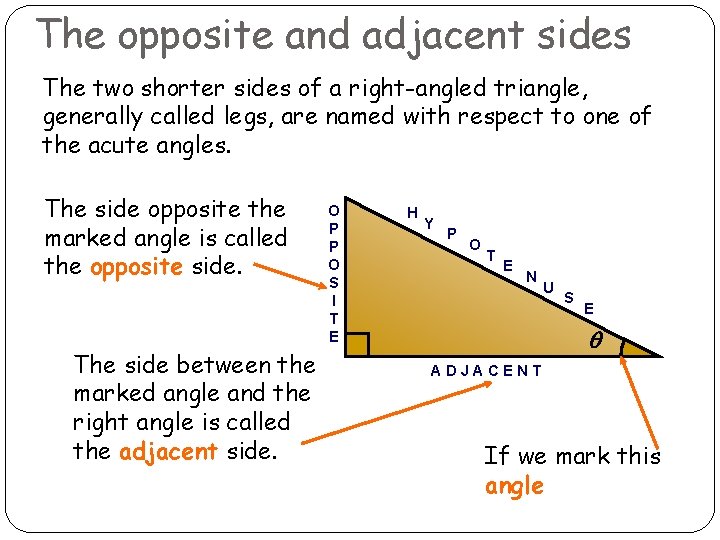 The opposite and adjacent sides The two shorter sides of a right-angled triangle, generally