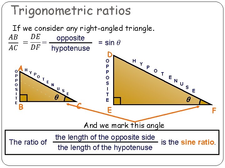 Trigonometric ratios If we consider any right-angled triangle. opposite = = sin θ hypotenuse