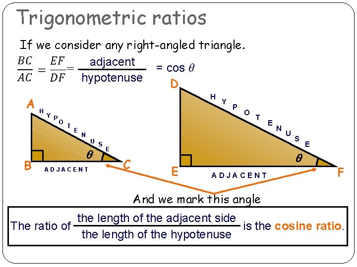 Trigonometric ratios If we consider any right-angled triangle. adjacent = cos θ = hypotenuse