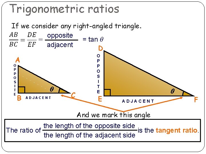 Trigonometric ratios If we consider any right-angled triangle. opposite = tan θ = adjacent