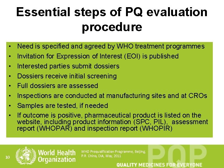 Essential steps of PQ evaluation procedure • • 10 Need is specified and agreed