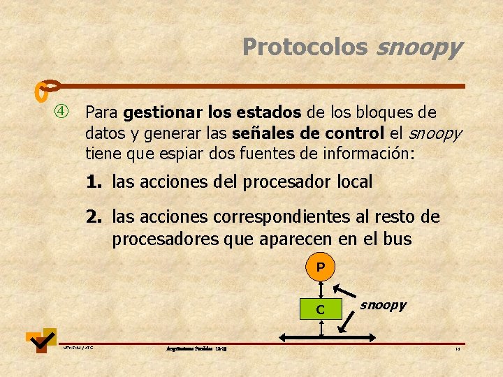 Protocolos snoopy Para gestionar los estados de los bloques de datos y generar las
