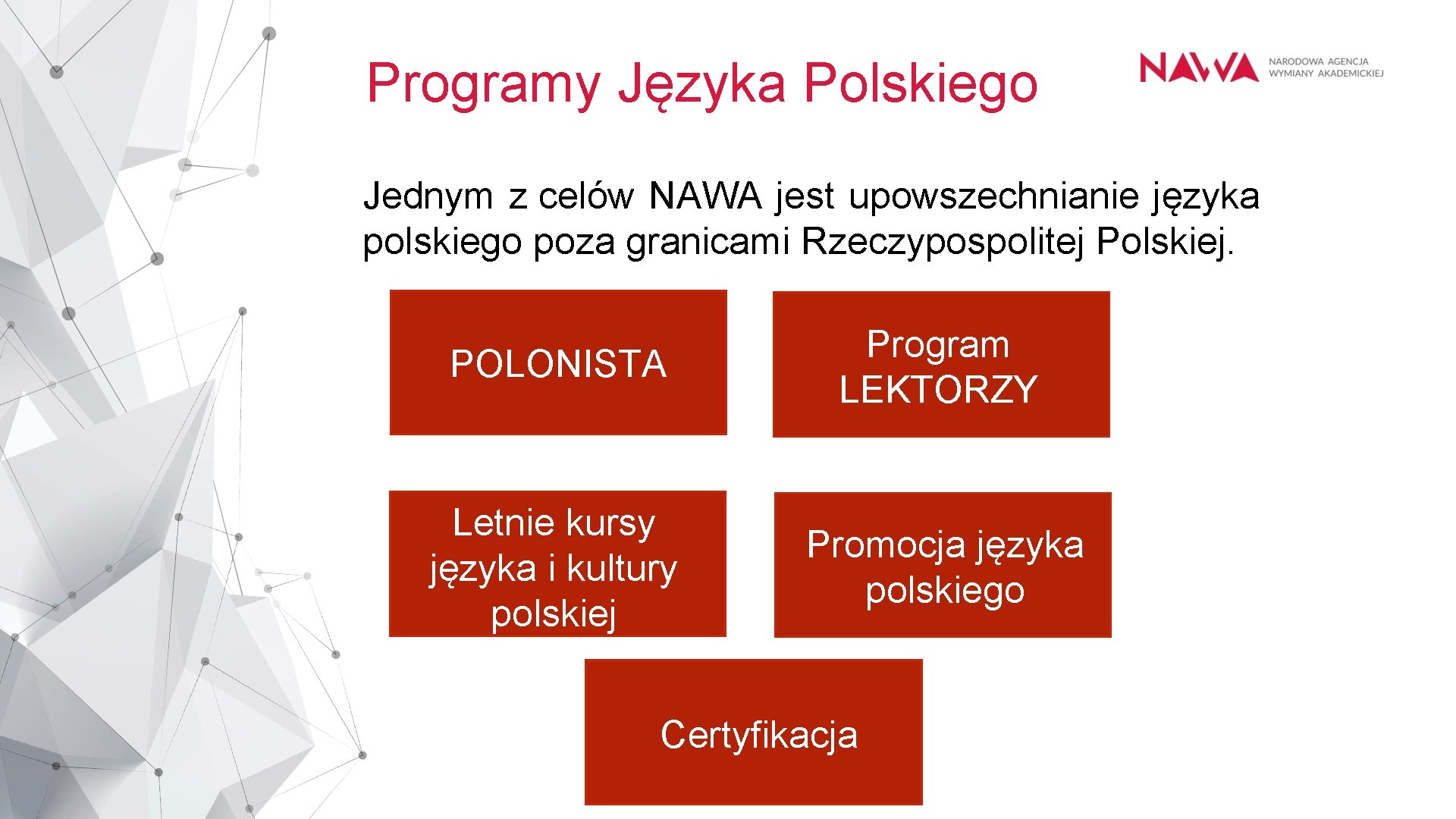 Programy Języka Polskiego Jednym z celów NAWA jest upowszechnianie języka polskiego poza granicami Rzeczypospolitej