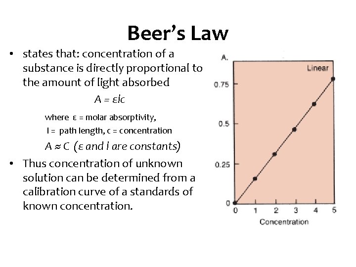 Beer’s Law • states that: concentration of a substance is directly proportional to the Beer’s Law • states that: concentration of a substance is directly proportional to the