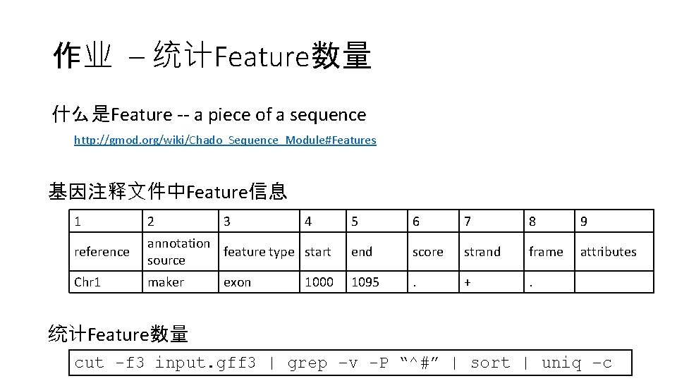 作业 – 统计Feature数量 什么是Feature -- a piece of a sequence http: //gmod. org/wiki/Chado_Sequence_Module#Features 基因注释文件中Feature信息