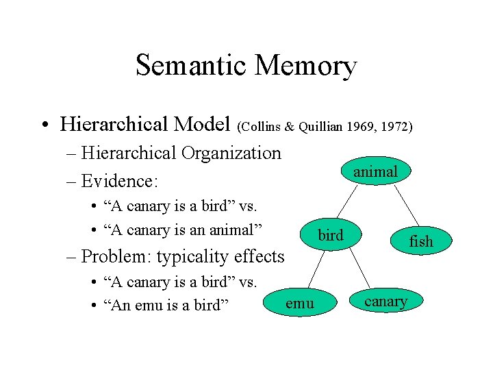 Semantic Memory • Hierarchical Model (Collins & Quillian 1969, 1972) – Hierarchical Organization –