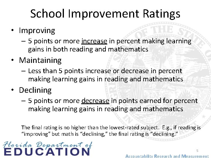 School Improvement Ratings • Improving – 5 points or more increase in percent making