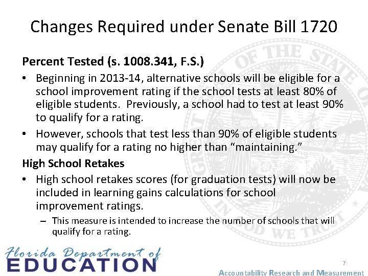 Changes Required under Senate Bill 1720 Percent Tested (s. 1008. 341, F. S. )